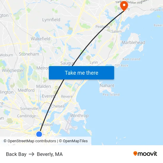 Back Bay to Beverly, MA map