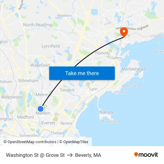 Washington St @ Grove St to Beverly, MA map