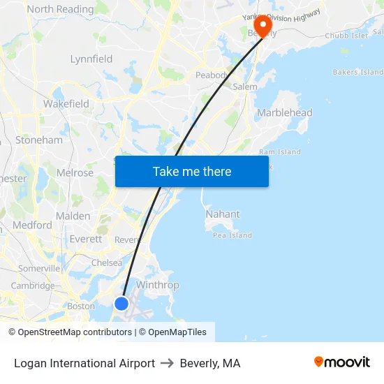 Logan International Airport to Beverly, MA map