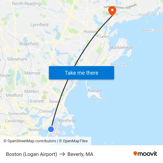 Boston (Logan Airport) to Beverly, MA map