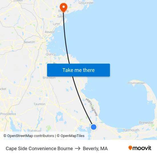 Cape Side Convenience Bourne to Beverly, MA map