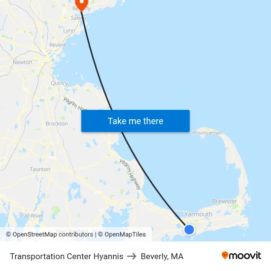 Transportation Center Hyannis to Beverly, MA map