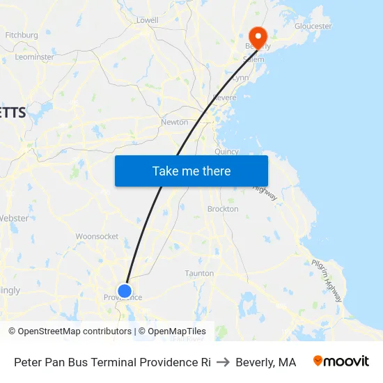 Peter Pan Bus Terminal Providence Ri to Beverly, MA map