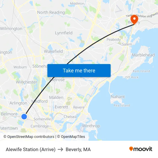 Alewife Station (Arrive) to Beverly, MA map