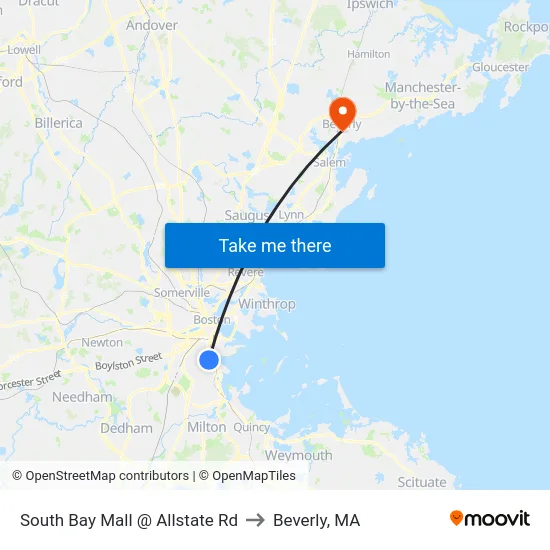 South Bay Mall @ Allstate Rd to Beverly, MA map