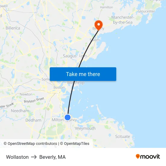 Wollaston to Beverly, MA map