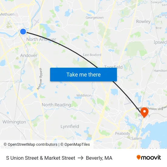 S Union Street & Market Street to Beverly, MA map