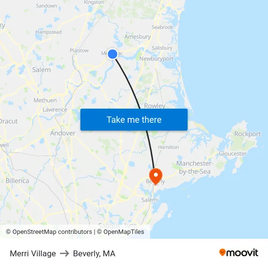 Merri Village to Beverly, MA map