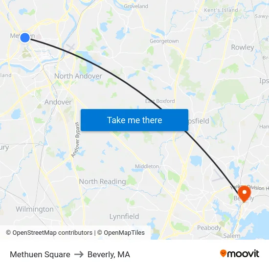 Methuen Square to Beverly, MA map