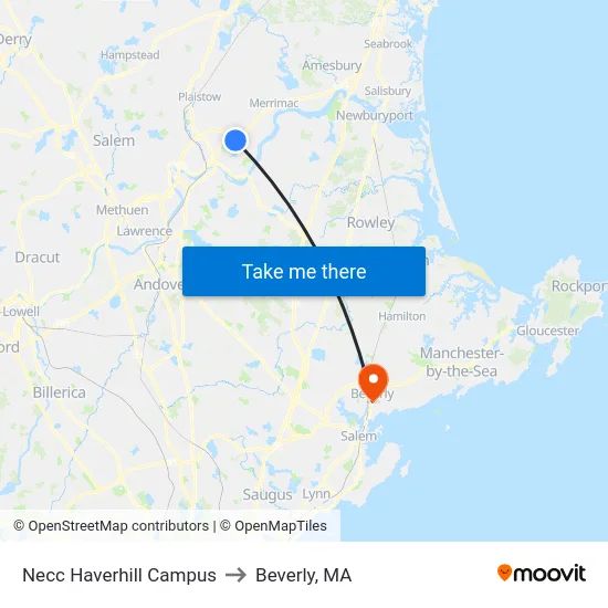 Necc Haverhill Campus to Beverly, MA map