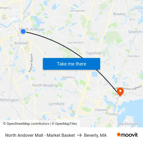 North Andover Mall - Market Basket to Beverly, MA map