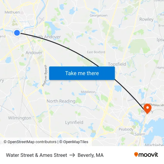 Water Street & Ames Street to Beverly, MA map