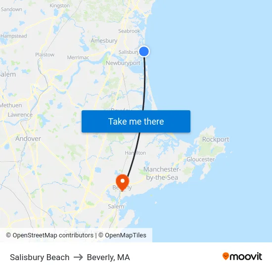 Salisbury Beach to Beverly, MA map