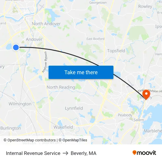Internal Revenue Service to Beverly, MA map