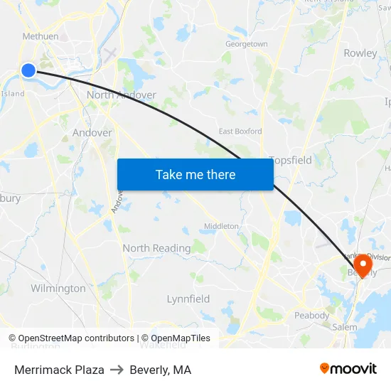 Merrimack Plaza to Beverly, MA map