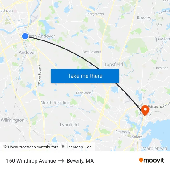 160 Winthrop Avenue to Beverly, MA map