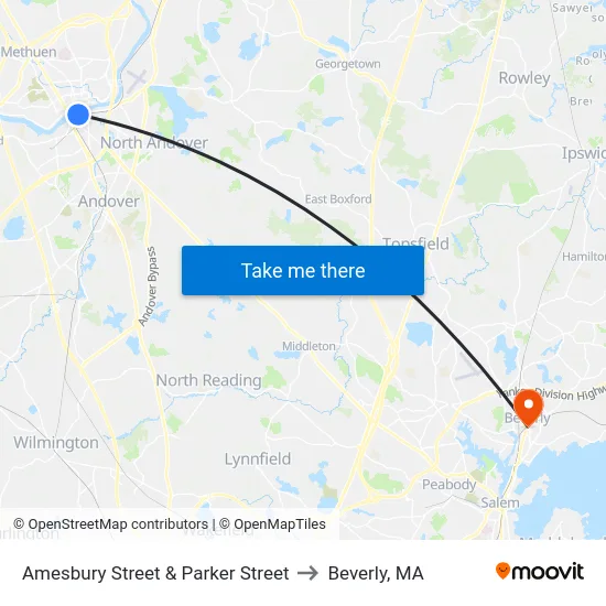 Amesbury Street & Parker Street to Beverly, MA map