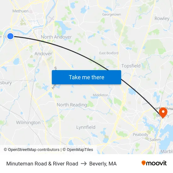 Minuteman Road & River Road to Beverly, MA map
