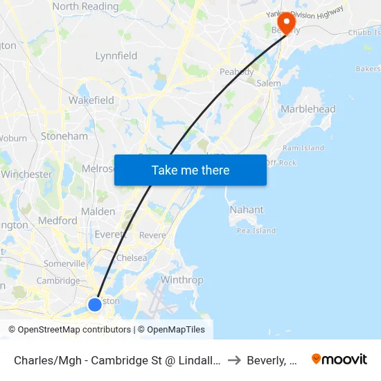 Charles/Mgh - Cambridge St @ Lindall Pl to Beverly, MA map