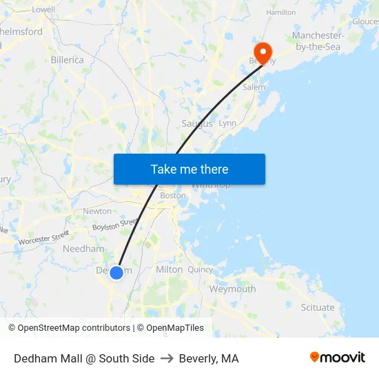Dedham Mall @ South Side to Beverly, MA map