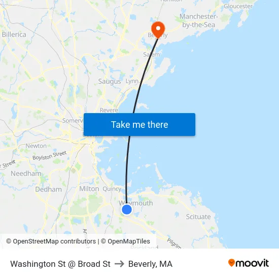 Washington St @ Broad St to Beverly, MA map