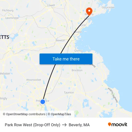 Park Row West (Drop-Off Only) to Beverly, MA map