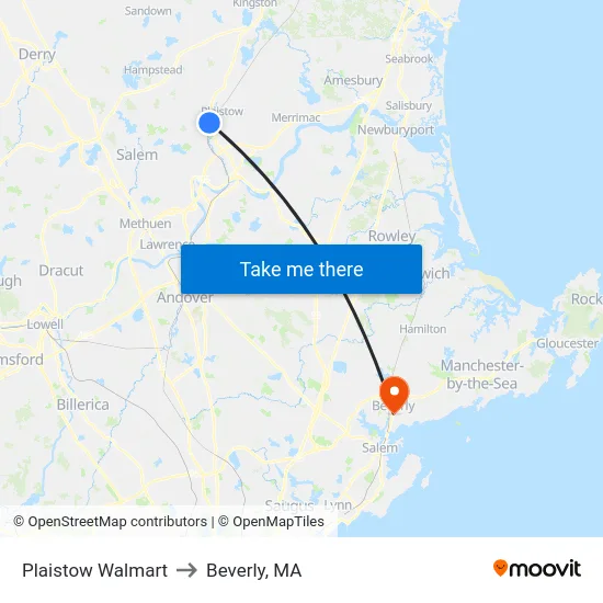 Plaistow Walmart to Beverly, MA map