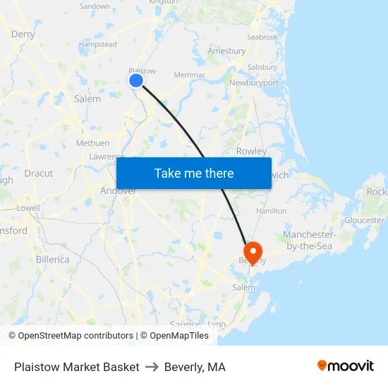 Plaistow Market Basket to Beverly, MA map