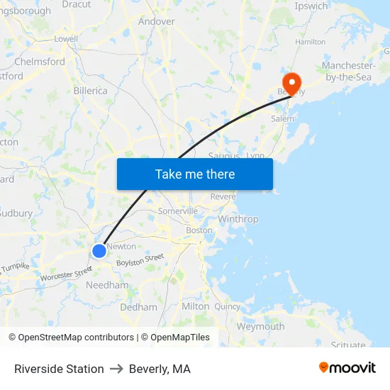 Riverside Station to Beverly, MA map