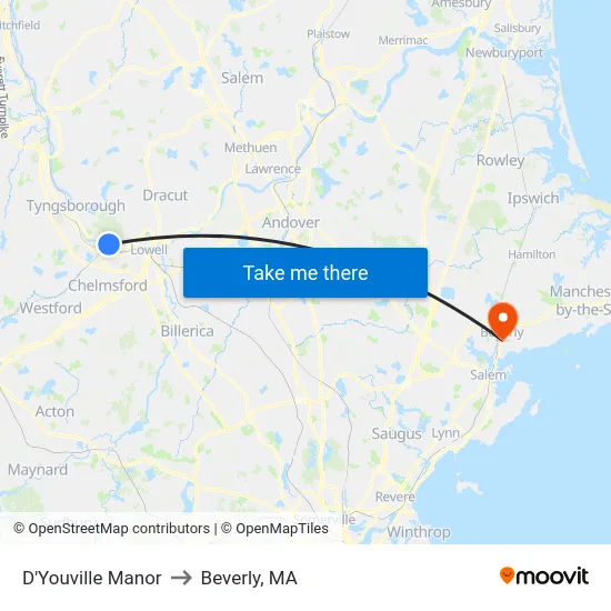D'Youville Manor to Beverly, MA map