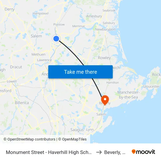 Monument Street - Haverhill High School to Beverly, MA map