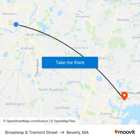 Broadway & Tremont Street to Beverly, MA map