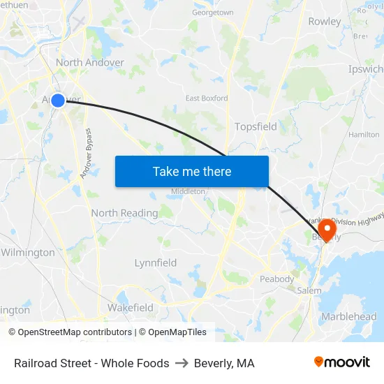 Railroad Street - Whole Foods to Beverly, MA map