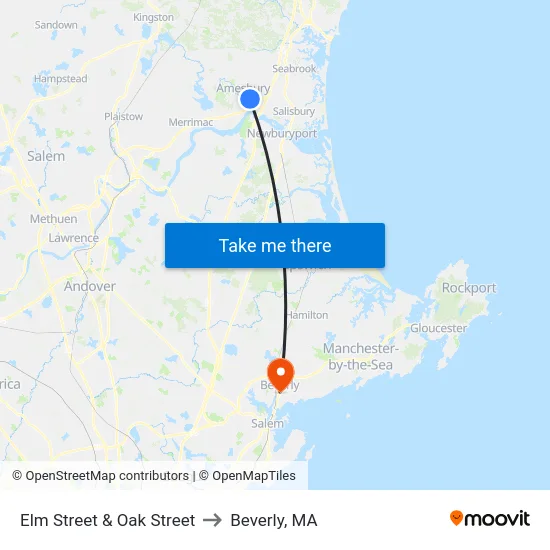 Elm Street & Oak Street to Beverly, MA map