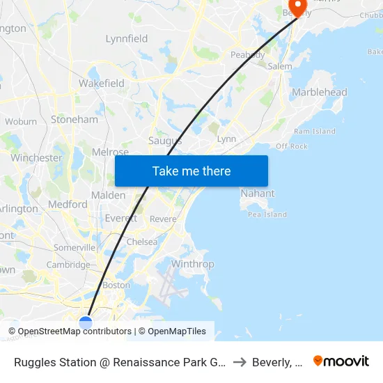 Ruggles Station @ Renaissance Park Garage to Beverly, MA map