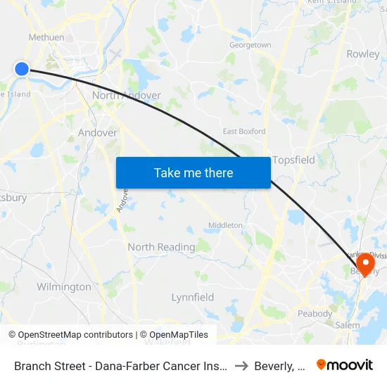Branch Street - Dana-Farber Cancer Institute to Beverly, MA map