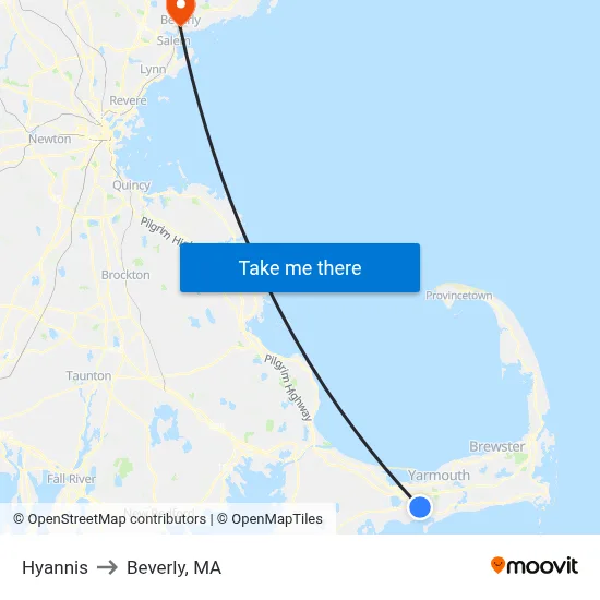 Hyannis to Beverly, MA map