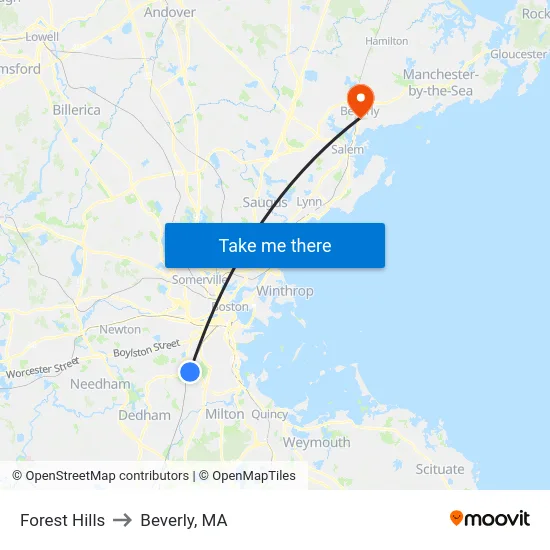 Forest Hills to Beverly, MA map