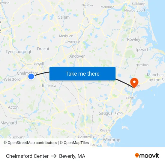 Chelmsford Center to Beverly, MA map