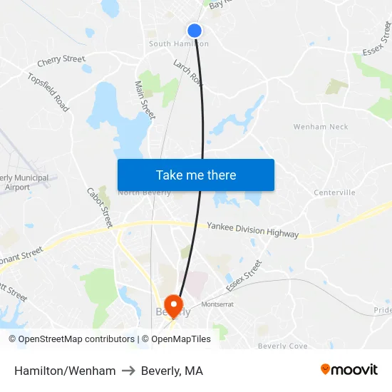 Hamilton/Wenham to Beverly, MA map