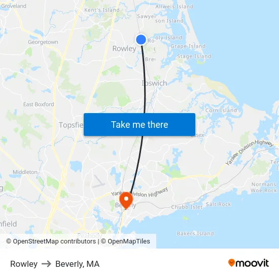 Rowley to Beverly, MA map