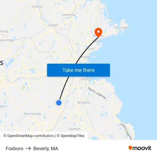 Foxboro to Beverly, MA map