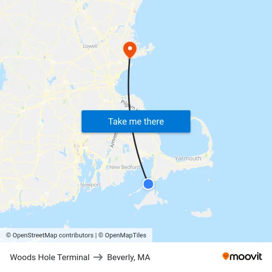 Woods Hole Terminal to Beverly, MA map