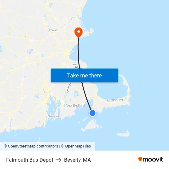 Falmouth Bus Depot to Beverly, MA map
