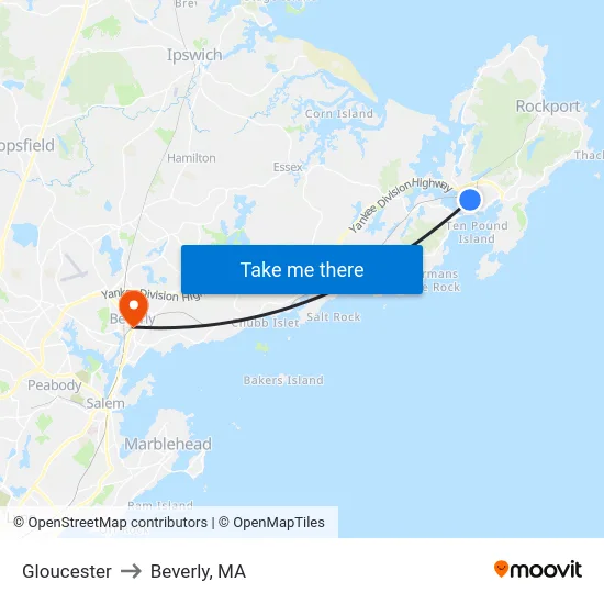 Gloucester to Beverly, MA map