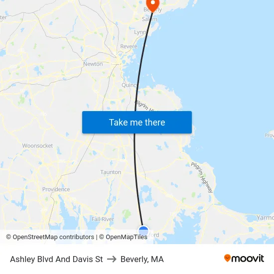 Ashley Blvd And Davis St to Beverly, MA map