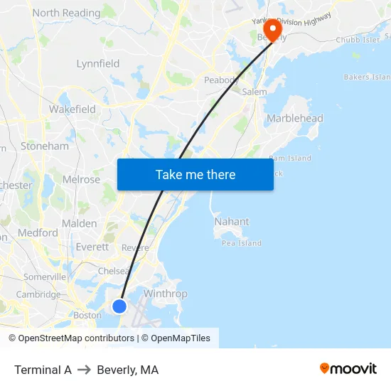 Terminal A to Beverly, MA map