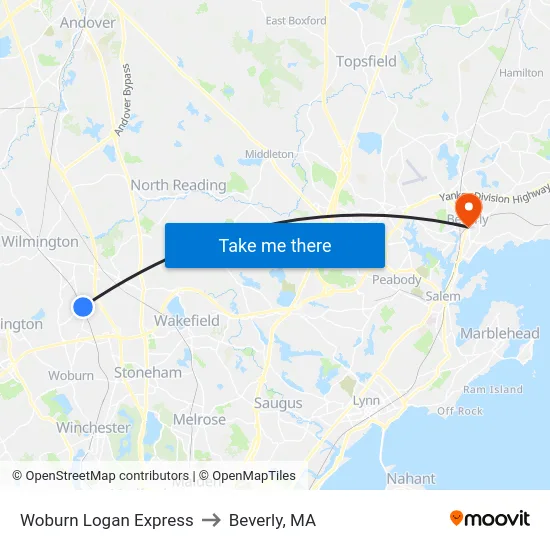 Woburn Logan Express to Beverly, MA map