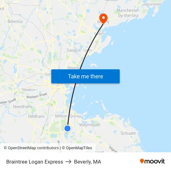 Braintree Logan Express to Beverly, MA map
