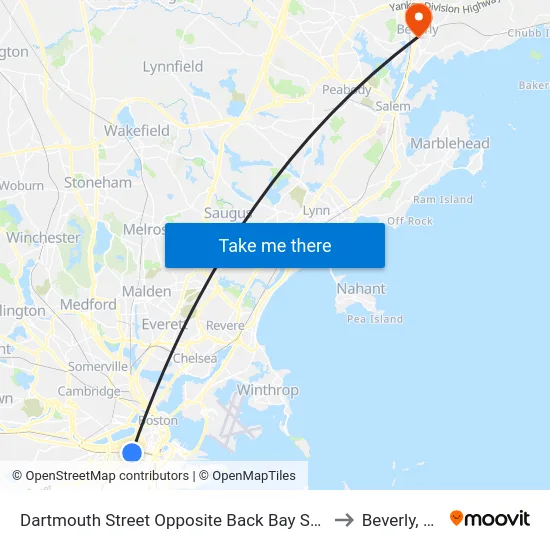 Dartmouth Street Opposite Back Bay Station to Beverly, MA map